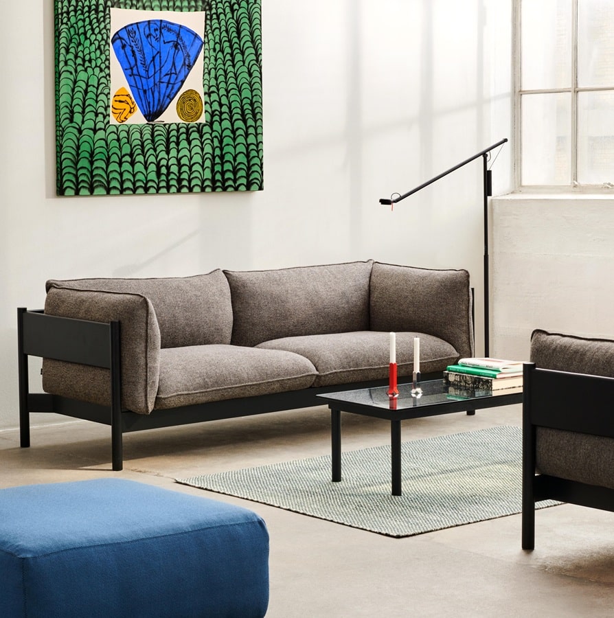 Arbour 3 Seater Hallingdal 166 black wb lacquer beech_Mags Soft S01 Ottoman Vidar 733 black stitching_Moire Kelim green